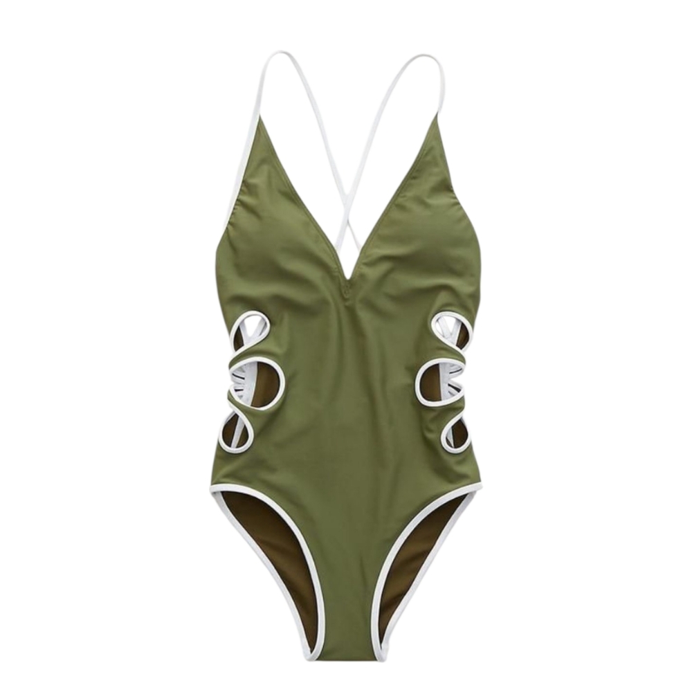 AERIE olive green side cutout strappy high cut‎ low back one piece swimsuit XL